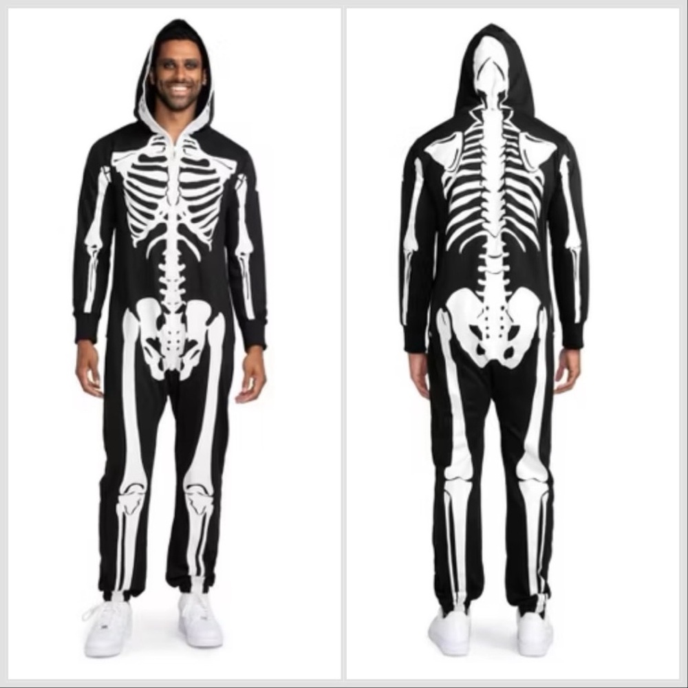 Tipsy Elves Adult Skeleton Costume onsie jumpsuit - Black and White LARGE